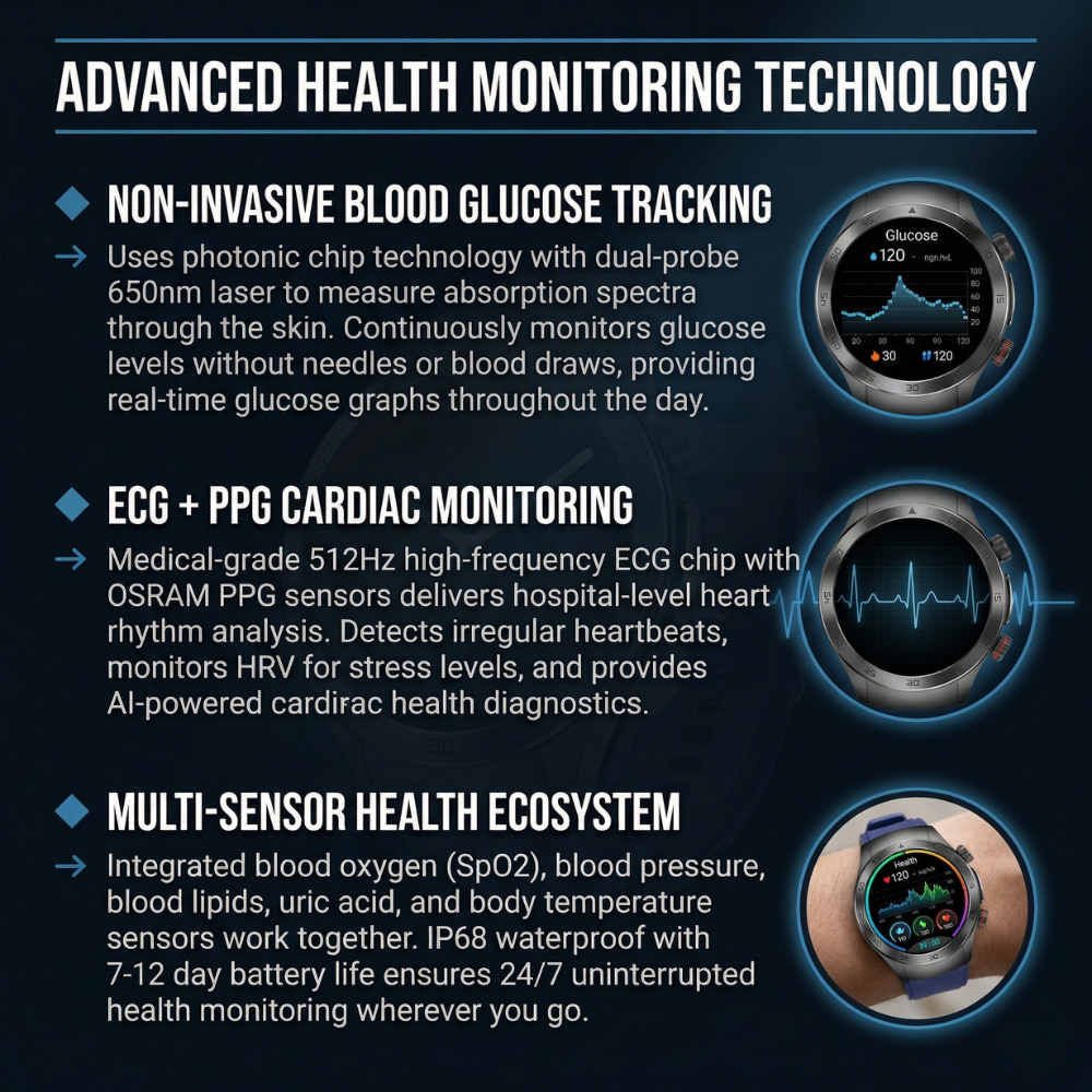 Aouhra® HealthWave Max - Best Medical Diagnosis Smart Watch, Blood Lipids Uric Acid Blood Glucose watch, ECG+PPG Fitness Tracker