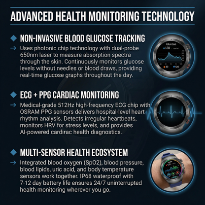 Aouhra® HealthWave Max - Best Medical Diagnosis Smart Watch, Blood Lipids Uric Acid Blood Glucose watch, ECG+PPG Fitness Tracker