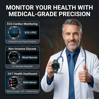 Aouhra® HealthWave Max - Best Medical Diagnosis Smart Watch, Blood Lipids Uric Acid Blood Glucose watch, ECG+PPG Fitness Tracker