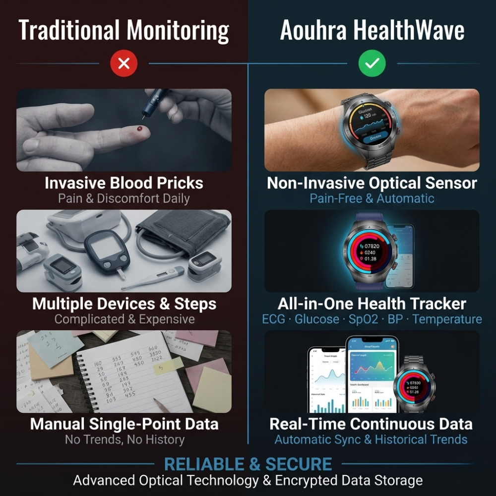 Aouhra® HealthWave Max - Best Medical Diagnosis Smart Watch, Blood Lipids Uric Acid Blood Glucose watch, ECG+PPG Fitness Tracker