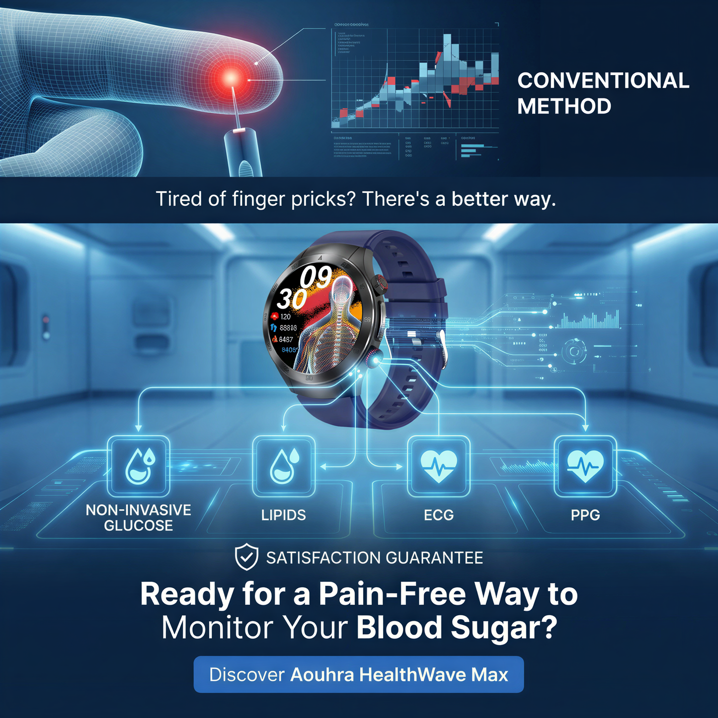 Aouhra® HealthWave Max - Best Medical Diagnosis Smart Watch, Blood Lipids Uric Acid Blood Glucose watch, ECG+PPG Fitness Tracker