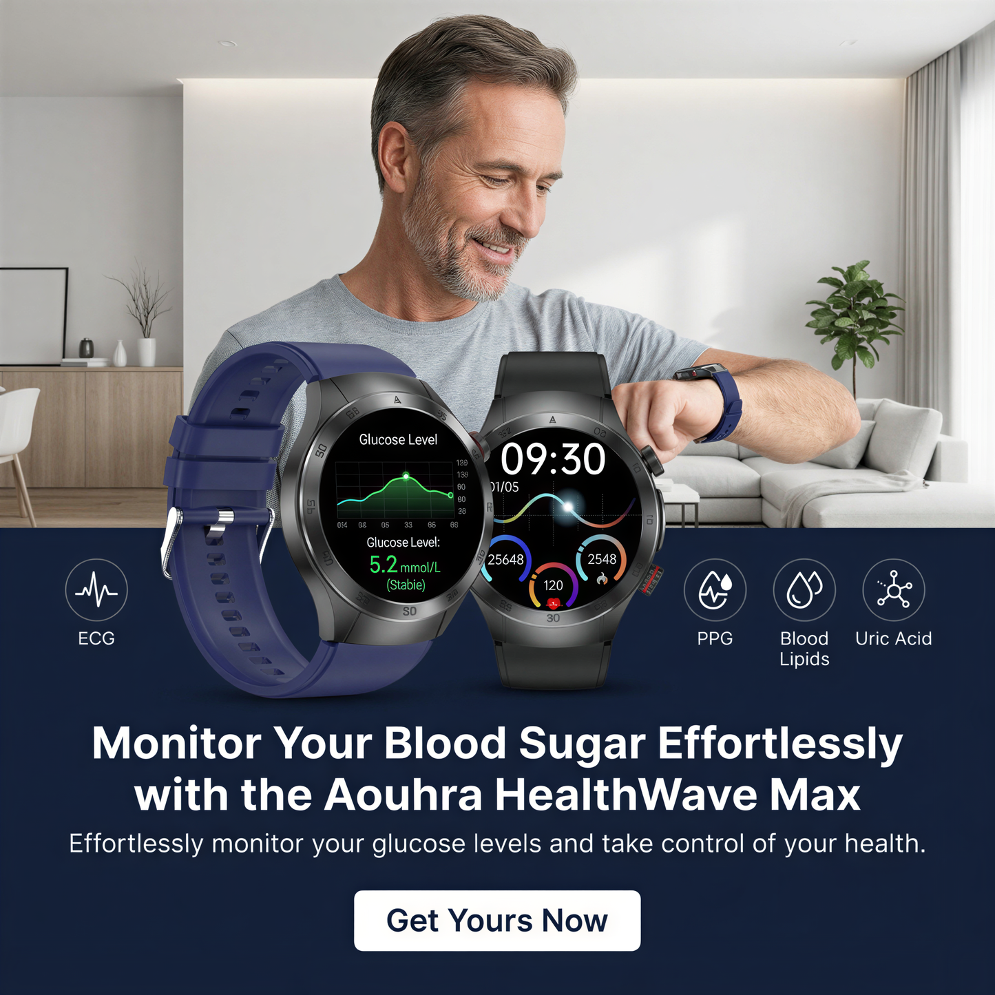 Aouhra® HealthWave Max - Best Medical Diagnosis Smart Watch, Blood Lipids Uric Acid Blood Glucose watch, ECG+PPG Fitness Tracker